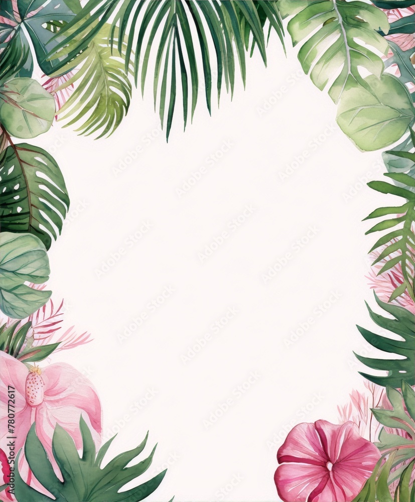 Watercolor tropical leaves and hibiscus flowers frame, pink and green, botanical, art deco, interior, vintage Watercolor tropical leaves and hibiscus flowers frame, pink and green, botanical, art deco, interior, vintage