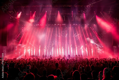 A dynamic image capturing the energy of a live music concert with a crowd and stage illuminated by intense fireworks and light show