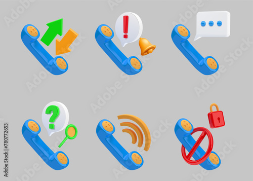 3D phone icons. Call customer service. Support contact center. Bubble speech. Render telephone receiver. Mobile ring. Cellphone communication. Chatting message. Vector cartoon elements set