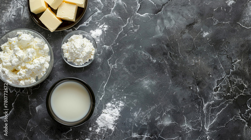 Assortment dairy products, milk, butter, cottage cheese, sour cream, dark marble background, healthy diets. Copy space