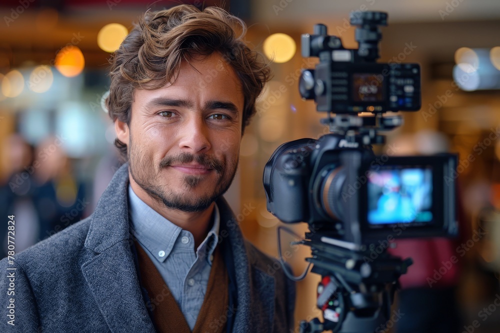 A confident young man with wavy hair smiling in front of a DSLR camera on a tripod, possibly for a promotional shoot A confident young man with wavy hair smiling in front of a DSLR camera on a tripod, possibly for a promotional shoot