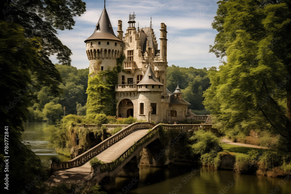 Fairytale castle atop a lush green hill, surrounded by a moat and drawbridge. Generative AI