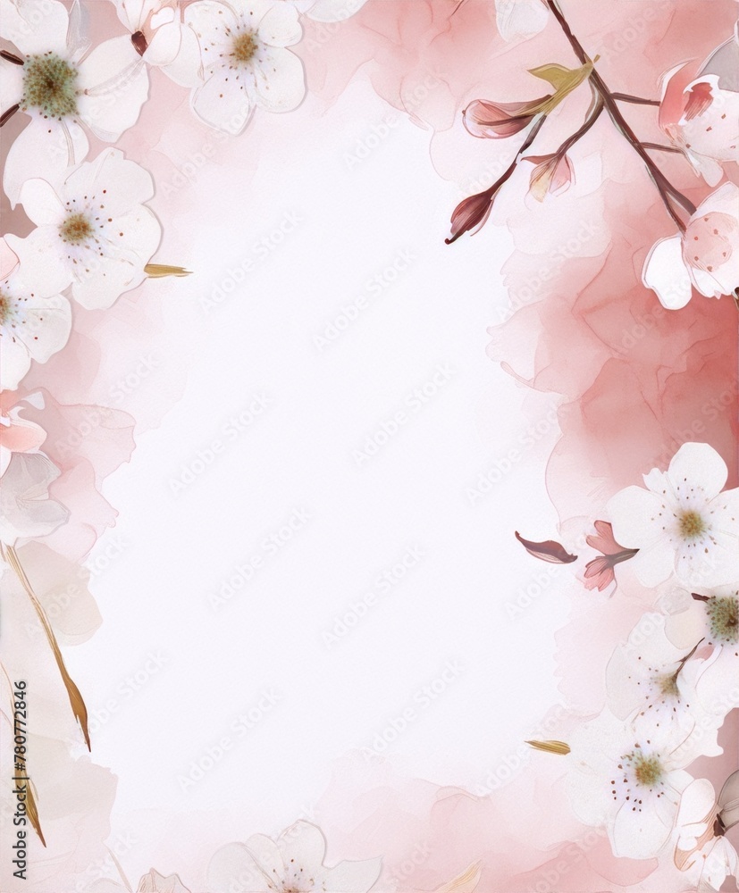 Delicate cherry blossom branches with white and pink flowers on a pink watercolor background in a traditional oriental style.
