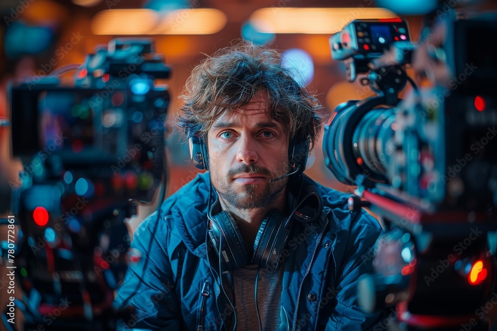 Fototapeta premium A focused male cameraman wearing a headset and surrounded by professional video equipment