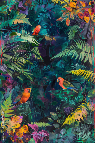 Abstract Parrots in Wild Tropics, Vivid Jungle Birds Painting, Colorful Fauna Art