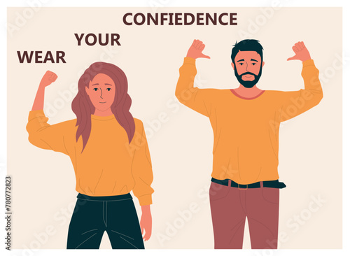 Confident people. Successful man and woman. Happy business workers with self-affirmative gestures. Confidence and healthy self-esteem. Optimistic persons. Vector motivational banner