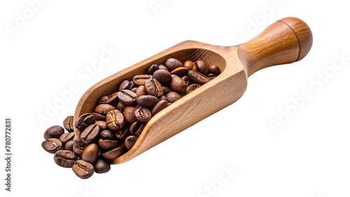Coffee beans on wooden scoop on transparent background