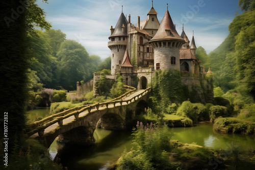 Enchanting fairytale castle atop a lush green hill, surrounded by a moat and drawbridge. Generative AI photo
