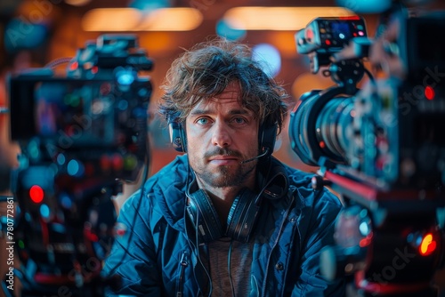 A focused male cameraman wearing a headset and surrounded by professional video equipment