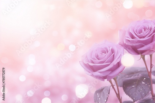 Two pink roses in soft focus with a blurred background in pastel colors