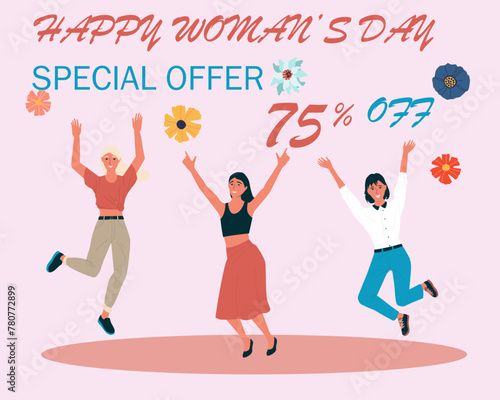 Happy jumping people. Holiday sale. Woman's Day celebration. Discount promotion. Shoppers laughing. Special offer. Bouncing girls group. Customers buy purchases. Vector shopping banner