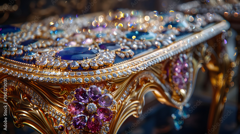 Obraz premium A gold and jeweled table with a black background.
