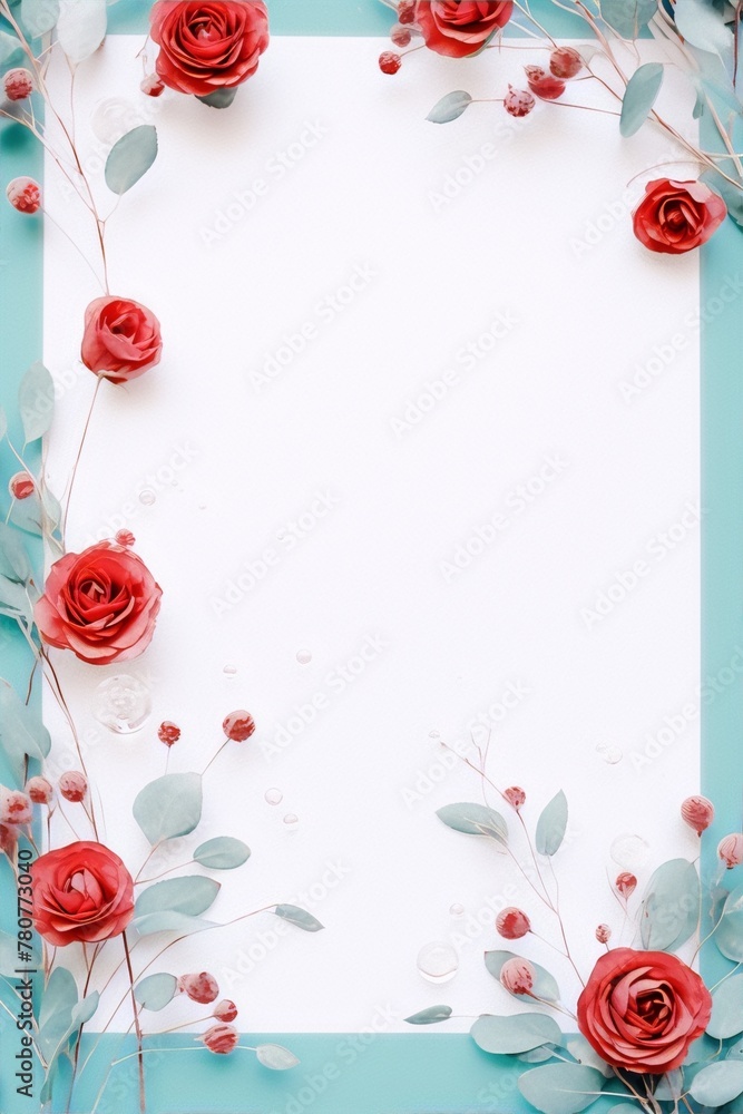 Frame of red roses and eucalyptus branches on a white and blue background, botanical, art deco, interior, still life Frame of red roses and eucalyptus branches on a white and blue background, botanical, art deco, interior, still life