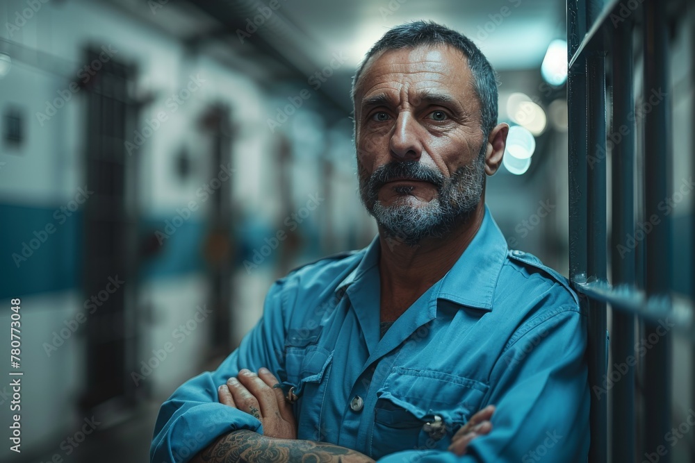 This image captures a man with a fierce piercing gaze wearing blue workwear, exuding confidence and authority This image captures a man with a fierce piercing gaze wearing blue workwear, exuding confidence and authority