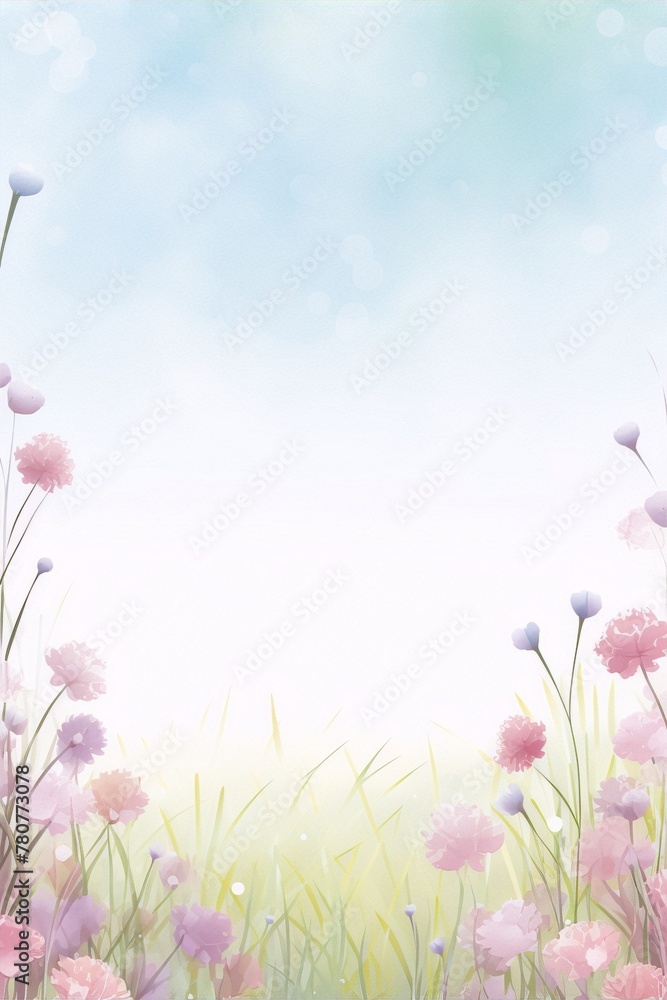 Delicate pink and purple flowers with green grass on a bright background in a soft painterly style.
