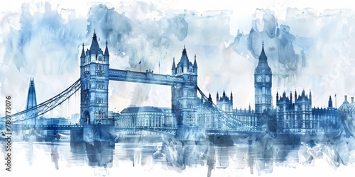 Artistic Vision of London: The Iconic Tower Bridge and Skyline Elegantly Captured in Watercolor Hues, Generative AI