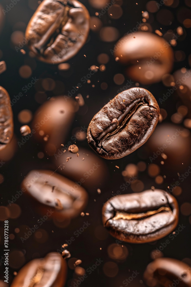 Macro view of coffee beans levitating, copy space Macro view of coffee beans levitating, copy space
