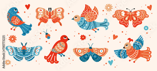 Spring animals. Woodland nature insects. Butterfly and bird with cute ornaments. Wild birdies. Colorful fantasy moths. Summer wildlife. Zoo elements. Vector cartoon flying creatures set