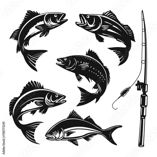 set of black and white fish vectors. set of bass fish vector. fish logo vector 