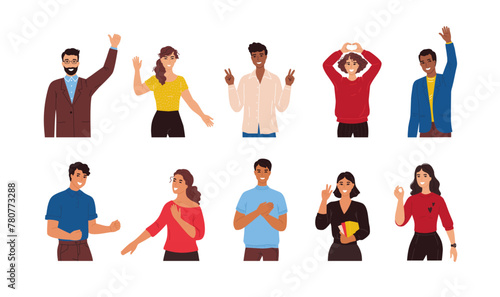 Happy persons. Man people thumb up, woman student smile and waving hands, positive character with ok on hand language. Joy expression, victory and fun. Vector cartoon group flat illustration