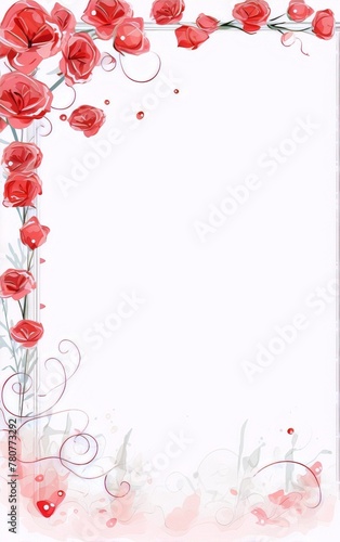 Red watercolor roses frame with swirls on a white background, suitable for wedding invitations, birthday cards, and Valentine's Day.