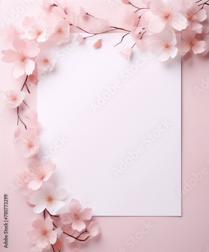 Pink paper flowers frame on pink background, 3D illustration, art, minimal, pastel colors, interior design, feminine