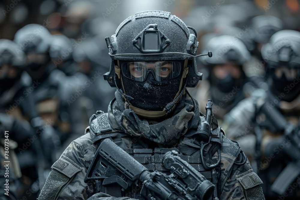 Intense focus shown by a fully equipped soldier in combat gear leading a military unit with a tactical rifle prepared Intense focus shown by a fully equipped soldier in combat gear leading a military unit with a tactical rifle prepared