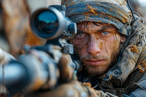 Intense gaze of a soldier lying prone and aiming through a sniper rifle scope covered in mud © Larisa AI