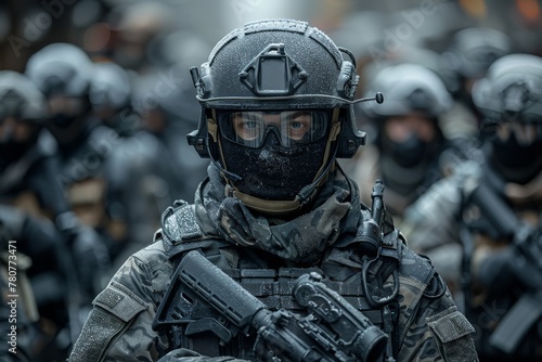 Intense focus shown by a fully equipped soldier in combat gear leading a military unit with a tactical rifle prepared