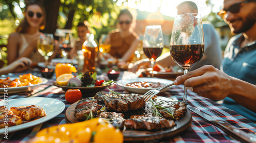 Group of happy friends having a barbecue meal sitting at a table outdoors. Family enjoying a meal together in the garden or backyard of their home. Concept meeting friends, food and good time.  photo