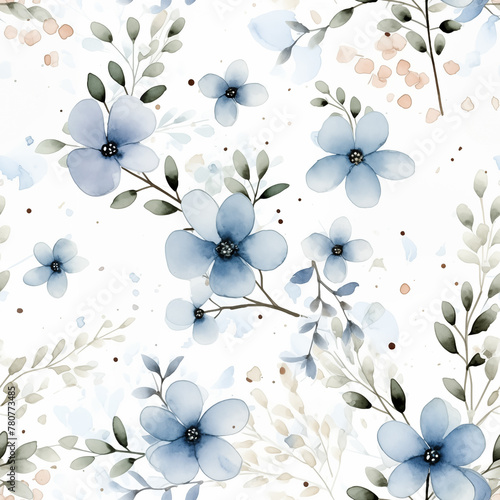 Watercolor seamless pattern with soft flowers on white background.