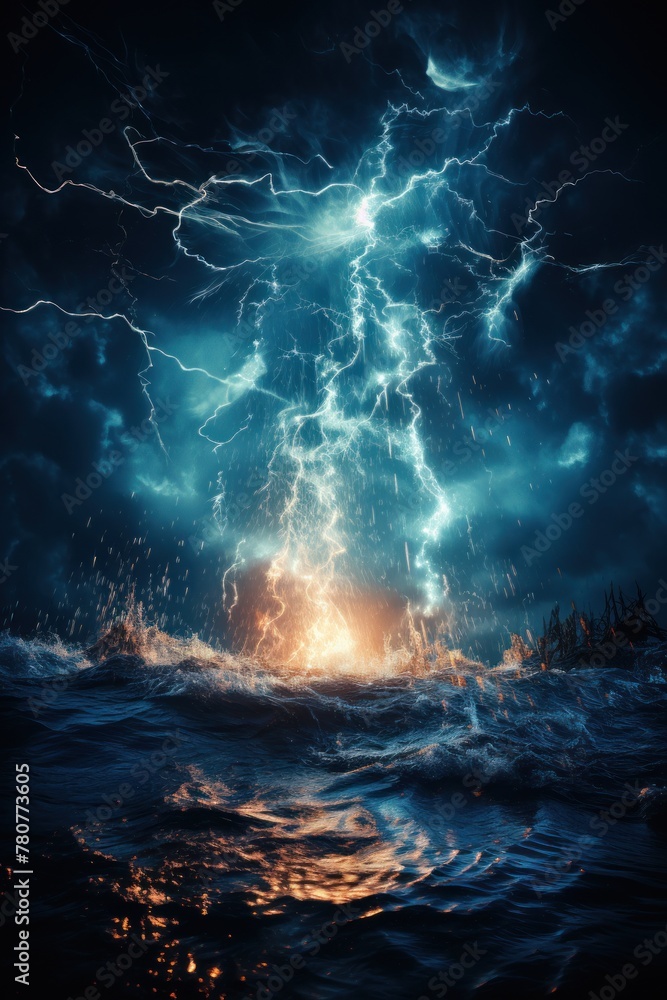 Intense lightning storm strikes over a body of water