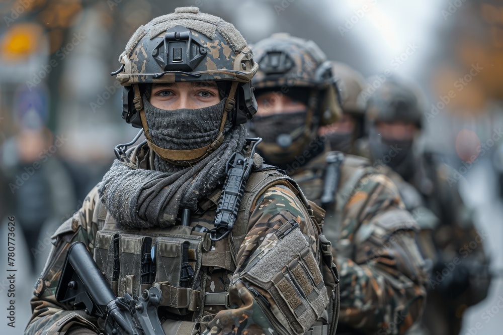 A squad of soldiers in formation, faces blurred, showcases unity and the detailed gear of military personnel