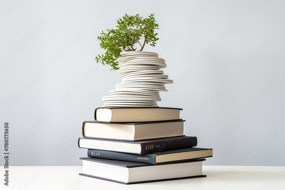 Intriguing spiral stack of books against a white backdrop. Generative AI Intriguing spiral stack of books against a white backdrop. Generative AI