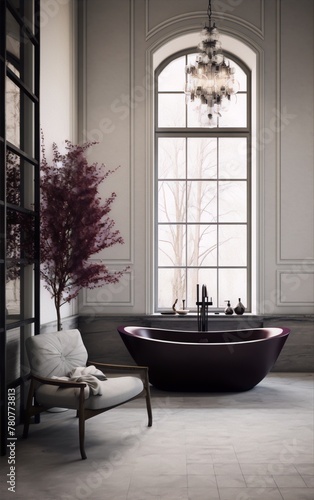 Luxury bathroom interior with purple bathtub  marble walls and pink tree