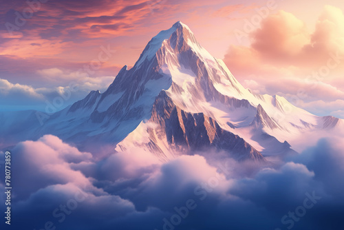Majestic mountain peak rising above the clouds in the early morning light. Generative AI photo
