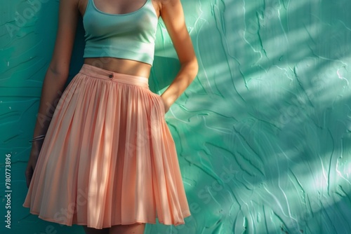 woman in peach summer skirt and green top, standing in front of a green wall. Summer vibes