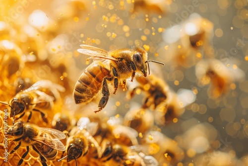 A swarm of honeybees clinging on a sparkling honeycomb, illuminated by a warm, golden light
