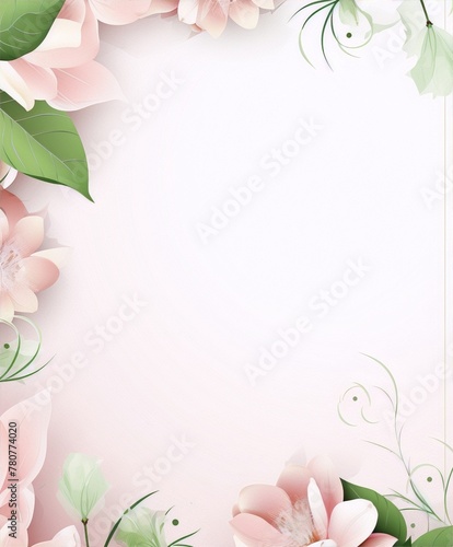 Pink and white flowers with green leaves on a pale pink background  in a realistic style  suitable for a wedding invitation or greeting card.