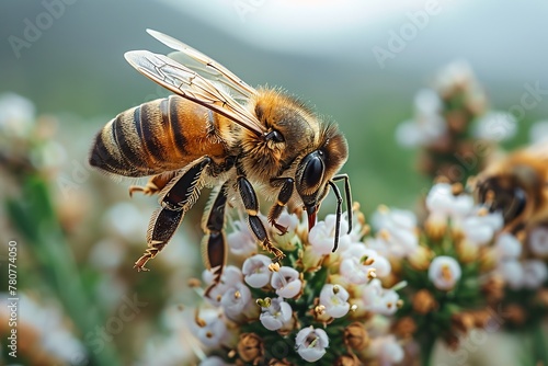 A honeybee diligently gathers nectar from a cluster of fresh white blossoms photo