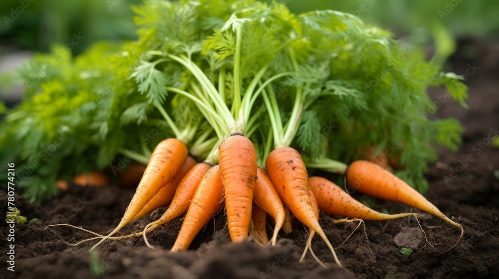 Carrots with vibrant hues in soil, close up shot Carrots with vibrant hues in soil, close up shot