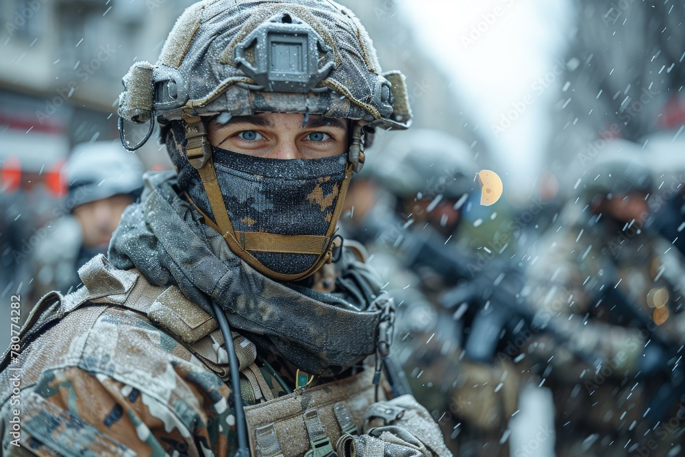 A detailed image capturing a soldier in full combat gear during a snowfall, showcasing the textures and details of the military attire A detailed image capturing a soldier in full combat gear during a snowfall, showcasing the textures and details of the military attire