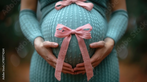 Maternal Elegance: Close-Up Shot of Pregnant Woman in Blue Dress Holding Her Belly