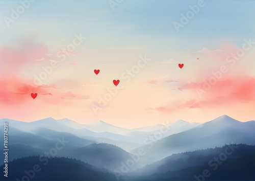 heart-shaped balloons float over blue misty mountains at sunset in a surreal landscape painting