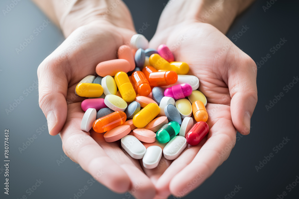 Person's palms filled with an assortment of colorful pills. Generative AI Person's palms filled with an assortment of colorful pills. Generative AI