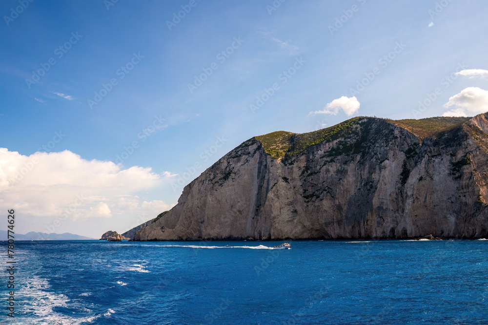 Shipwreck beach Zakynthos greece drone view, boats on the shore