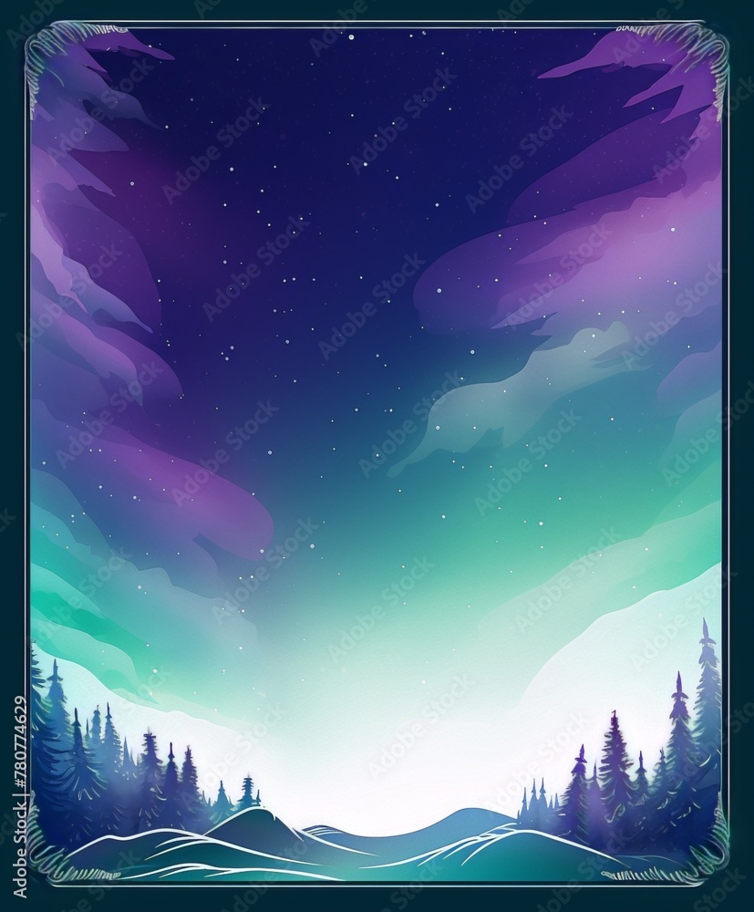 Northern lights over a winter forest landscape, with blue, green and purple colors, in a digital art style, with a painterly and surrealism movement.
