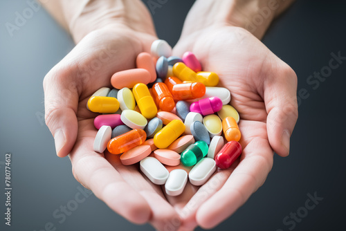 Person's palms filled with an assortment of colorful pills. Generative AI