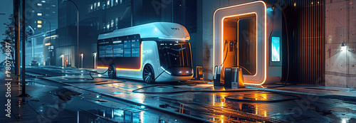 Futuristic Electric Truck Charging at a Station Overnight photo