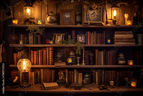 Rustic bookshelf filled with well-loved novels. Generative AI